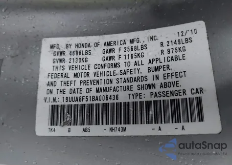 2011 Acura Tl 3.5/Tech из США, поврежденный, VIN 19UUA8F51BA006436